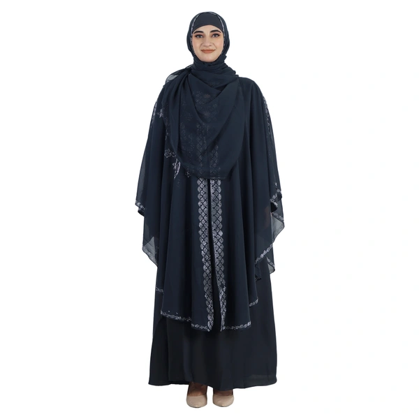 Humeira Abaya Side Buta Farasha Simple DMC Stone Work Farasha in Al Nida Fabric With Self Atteched & Extra Duppatta - 54, Dark Grey, 300 gms