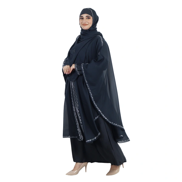 Humeira Abaya Side Buta Farasha Simple DMC Stone Work Farasha in Al Nida Fabric With Self Atteched & Extra Duppatta - 54, Dark Grey, 300 gms