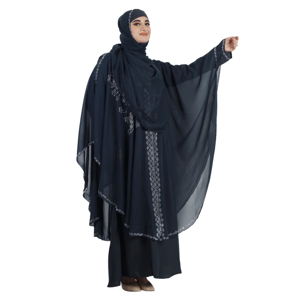 Humeira Abaya Side Buta Farasha Simple DMC Stone Work Farasha in Al Nida Fabric With Self Atteched & Extra Duppatta - 54, Dark Grey, 300 gms