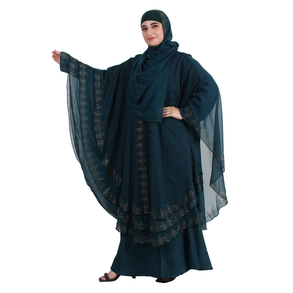 Humeira Abaya Dubai Style 3 Layer Farasha in Al Nida Fabric Specially Made For Bride - 54, Turquoise, 300 gms