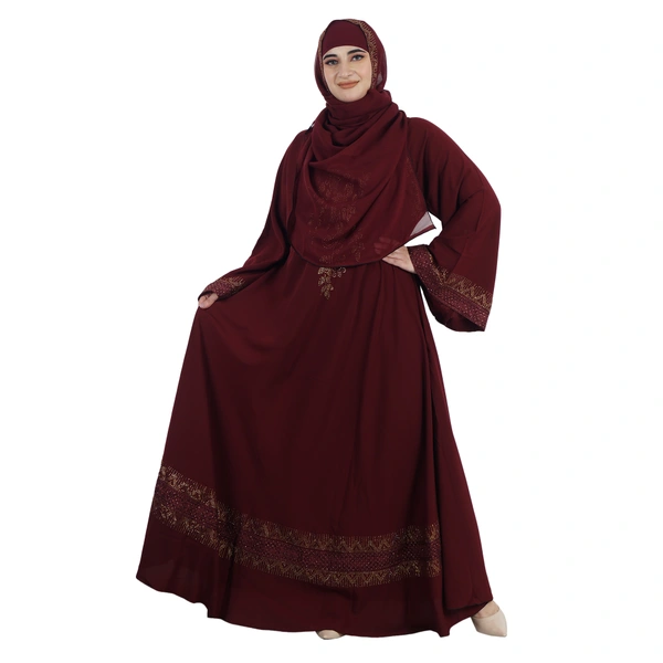 Humeira Abaya Dubai Style Front Big Buta BSY Embroidery Maroon Colour Burkha/Abaya in Al Firdous Fabric With Dupatta & NosePiece - 54, Maroon, 300 gms