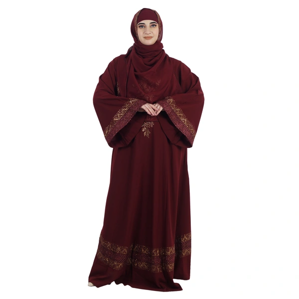 Humeira Abaya Dubai Style Front Big Buta BSY Embroidery Maroon Colour Burkha/Abaya in Al Firdous Fabric With Dupatta & NosePiece - 54, Maroon, 300 gms