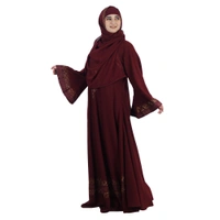 Humeira Abaya Dubai Style Front Big Buta BSY Embroidery Maroon Colour Burkha/Abaya in Al Firdous Fabric With Dupatta & NosePiece - 54, Maroon, 300 gms