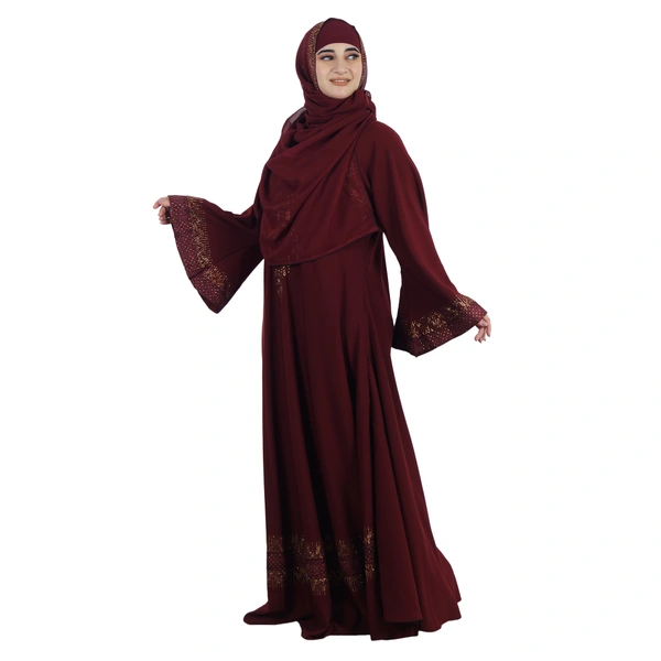 Humeira Abaya Dubai Style Front Big Buta BSY Embroidery Maroon Colour Burkha/Abaya in Al Firdous Fabric With Dupatta & NosePiece - 54, Maroon, 300 gms