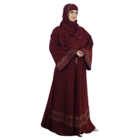 Humeira Abaya Dubai Style Front Big Buta BSY Embroidery Maroon Colour Burkha/Abaya in Al Firdous Fabric With Dupatta & NosePiece - 54, Maroon, 300 gms