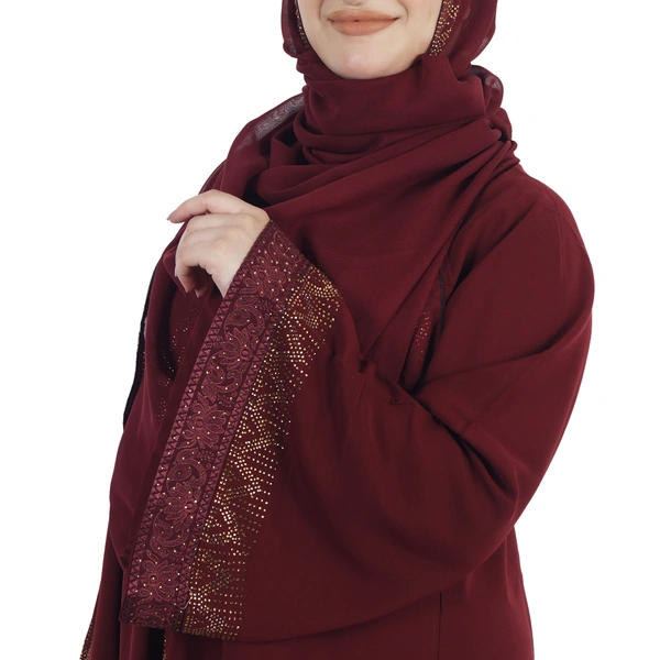 Humeira Abaya Dubai Style Front Big Buta BSY Embroidery Maroon Colour Burkha/Abaya in Al Firdous Fabric With Dupatta & NosePiece - 54, Maroon, 300 gms