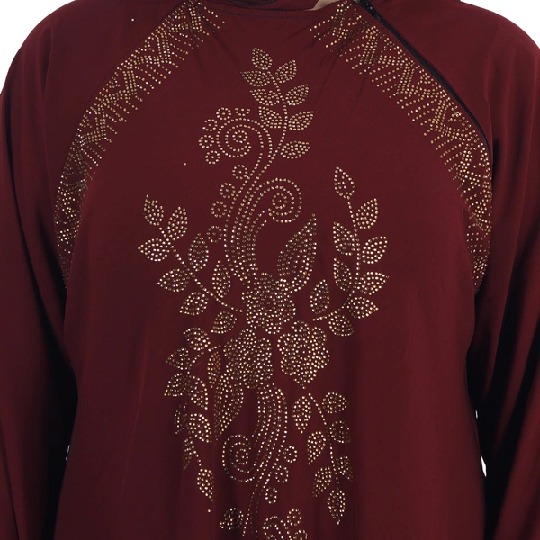 Humeira Abaya Dubai Style Front Big Buta BSY Embroidery Maroon Colour Burkha/Abaya in Al Firdous Fabric With Dupatta & NosePiece - 54, Maroon, 300 gms