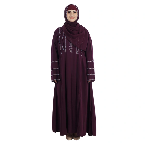 Humeira Abaya Dubai Style Front Kali Stone Work Abaya in Al Firdous Fabric WIth Dupatta & NosePiece - 54, Maroon, 300 gms