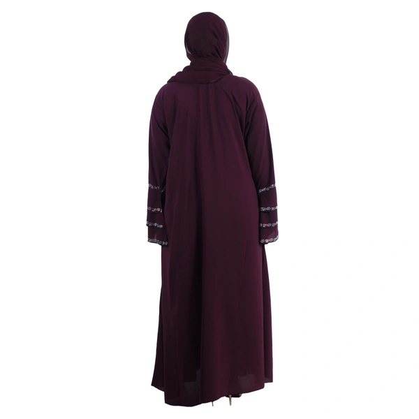Humeira Abaya Dubai Style Front Kali Stone Work Abaya in Al Firdous Fabric WIth Dupatta & NosePiece - 54, Maroon, 300 gms