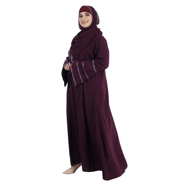 Humeira Abaya Dubai Style Front Kali Stone Work Abaya in Al Firdous Fabric WIth Dupatta & NosePiece - 54, Maroon, 300 gms