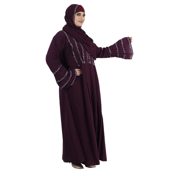 Humeira Abaya Dubai Style Front Kali Stone Work Abaya in Al Firdous Fabric WIth Dupatta & NosePiece - 54, Maroon, 300 gms