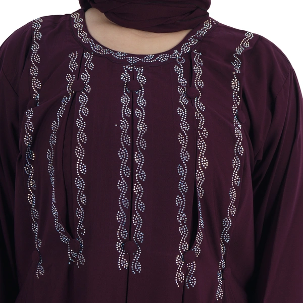 Humeira Abaya Dubai Style Front Kali Stone Work Abaya in Al Firdous Fabric WIth Dupatta & NosePiece - 54, Maroon, 300 gms