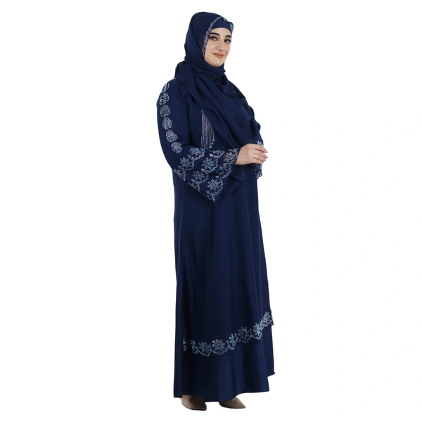 Humeira Abaya Dubai Style Rainbow Stone Work Burkha With Laher Design on Neck & Double Layer With Dupatta & NosePiece - 54, Blue, 300 gms