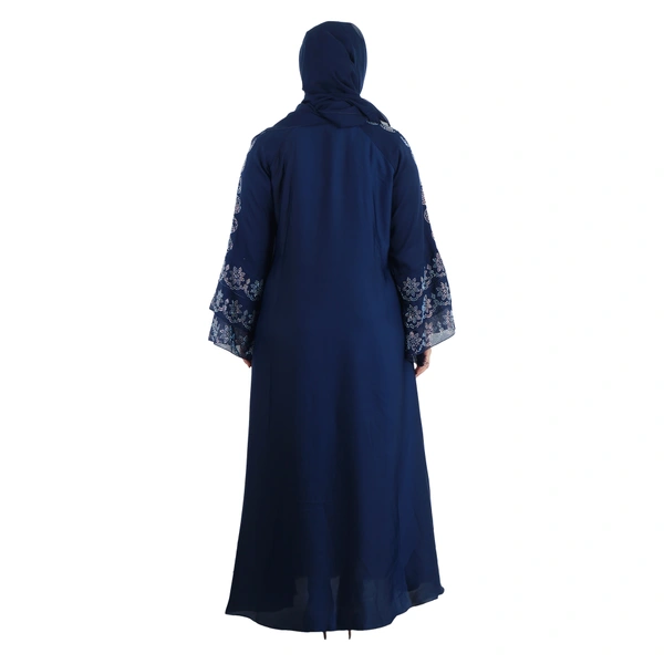 Humeira Abaya Dubai Style Rainbow Stone Work Burkha With Laher Design on Neck & Double Layer With Dupatta & NosePiece - 54, Blue, 300 gms
