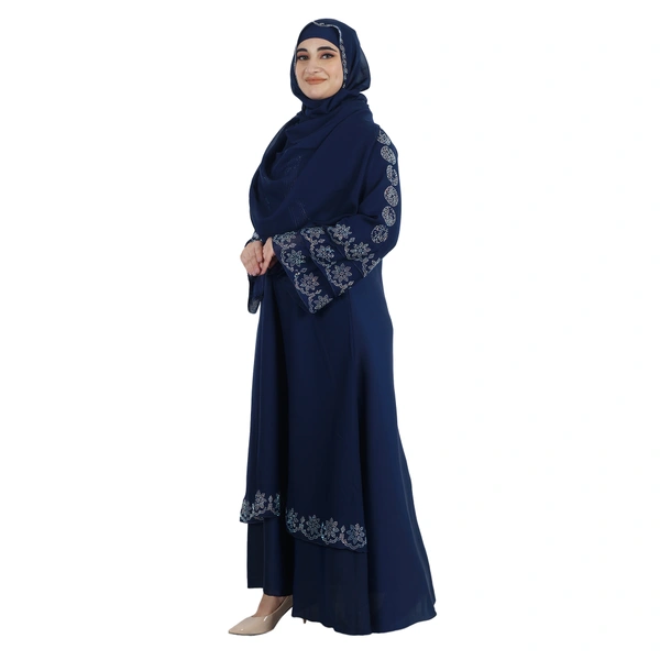Humeira Abaya Dubai Style Rainbow Stone Work Burkha With Laher Design on Neck & Double Layer With Dupatta & NosePiece - 54, Blue, 300 gms
