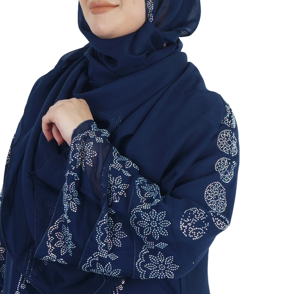 Humeira Abaya Dubai Style Rainbow Stone Work Burkha With Laher Design on Neck & Double Layer With Dupatta & NosePiece - 54, Blue, 300 gms