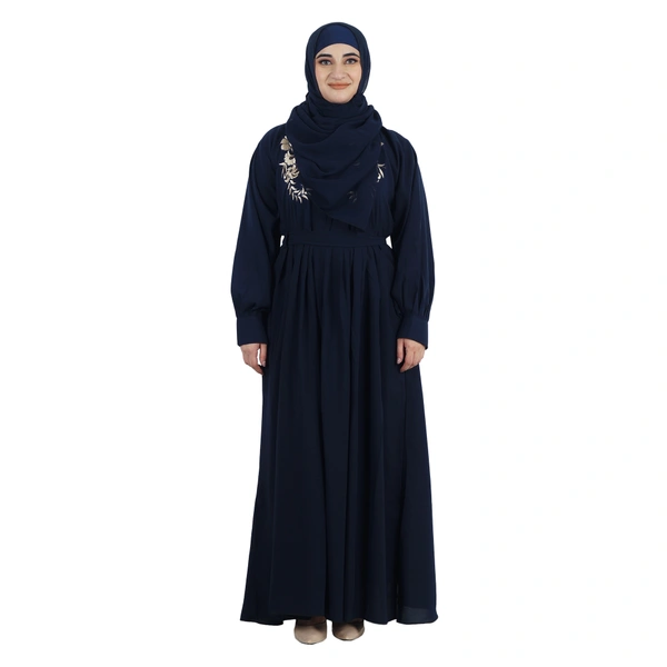 Humeira Abaya Dubai Style Front Double Side Embroidery Work Beautiful Abaya in Al Firdous Fabric - 54, Blue, 300 gms