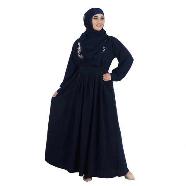 Humeira Abaya Dubai Style Front Double Side Embroidery Work Beautiful Abaya in Al Firdous Fabric - 54, Blue, 300 gms