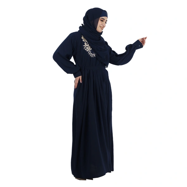 Humeira Abaya Dubai Style Front Double Side Embroidery Work Beautiful Abaya in Al Firdous Fabric - 54, Blue, 300 gms