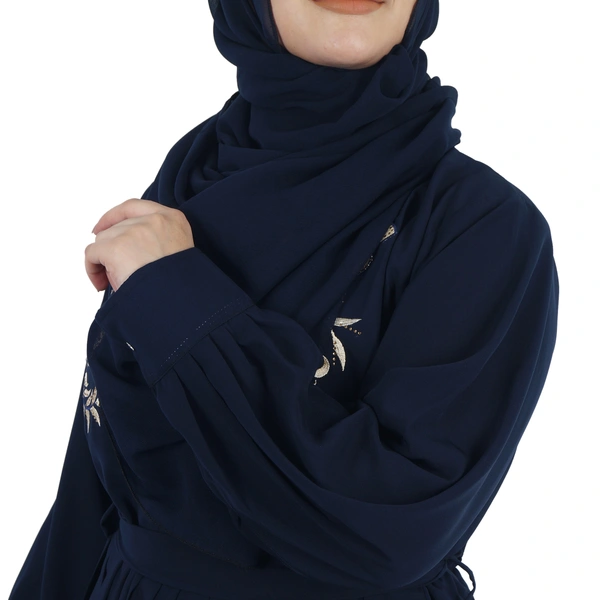 Humeira Abaya Dubai Style Front Double Side Embroidery Work Beautiful Abaya in Al Firdous Fabric - 54, Blue, 300 gms