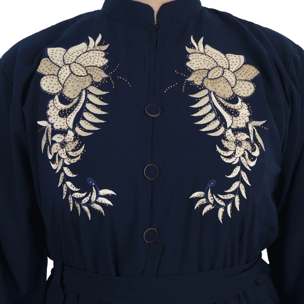Humeira Abaya Dubai Style Front Double Side Embroidery Work Beautiful Abaya in Al Firdous Fabric - 54, Blue, 300 gms