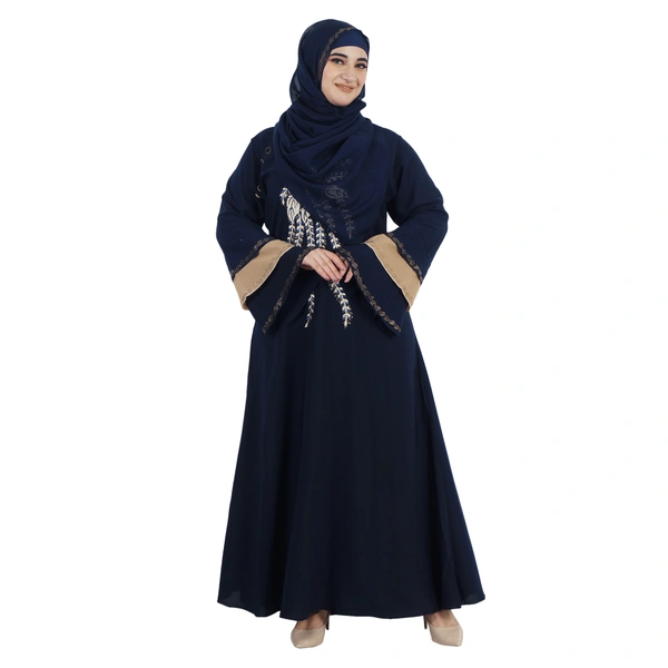 Humeira Abaya Gulab Embroidery Abaya in Al Firdous Fabric Indian Traditional Style With Dupatta & NosePiece - 54, Blue, 300 gms