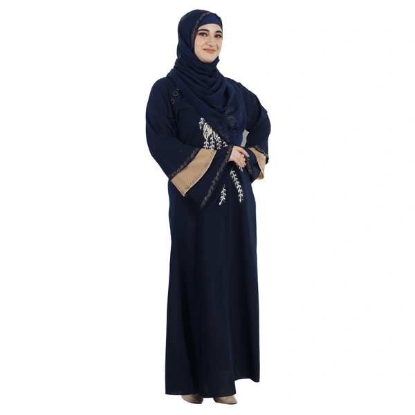 Humeira Abaya Gulab Embroidery Abaya in Al Firdous Fabric Indian Traditional Style With Dupatta & NosePiece - 54, Blue, 300 gms