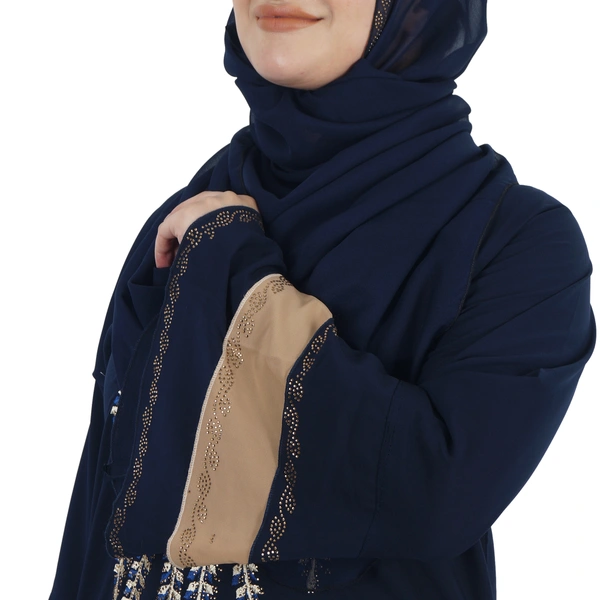 Humeira Abaya Gulab Embroidery Abaya in Al Firdous Fabric Indian Traditional Style With Dupatta & NosePiece - 54, Blue, 300 gms