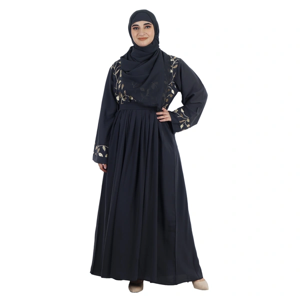 Humeira Abaya Gown Style Embroidery Burkha With Waist Adjuster in Al Firdous Fabric - 54, Dark Grey, 300 gms