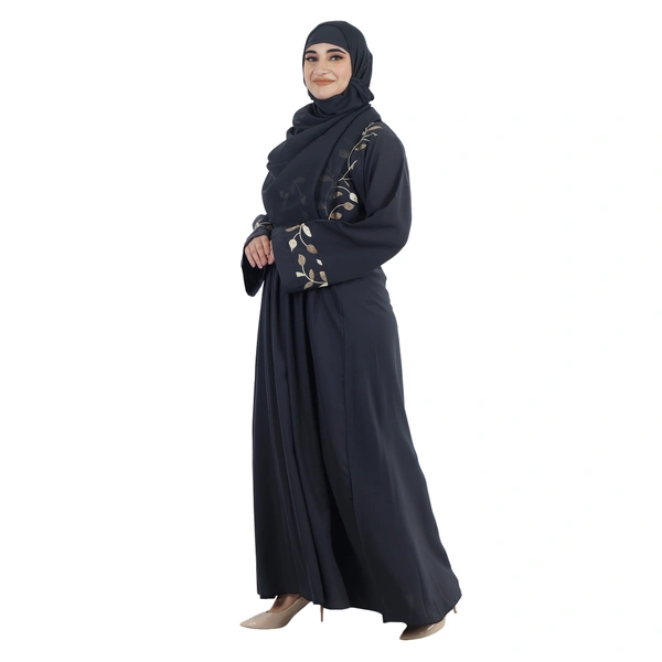 Humeira Abaya Gown Style Embroidery Burkha With Waist Adjuster in Al Firdous Fabric - 54, Dark Grey, 300 gms