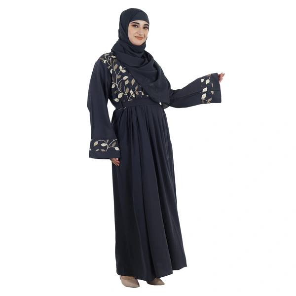 Humeira Abaya Gown Style Embroidery Burkha With Waist Adjuster in Al Firdous Fabric - 54, Dark Grey, 300 gms