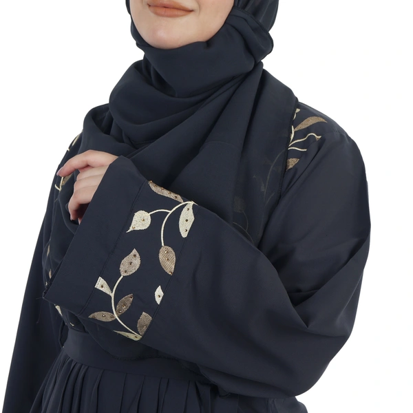 Humeira Abaya Gown Style Embroidery Burkha With Waist Adjuster in Al Firdous Fabric - 54, Dark Grey, 300 gms