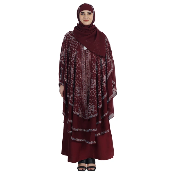 Humeira Abaya 3 Layer M S Stone Work Heavy Abaya for Bridal in Al Nida Fabric with Self atteched & Extra Dupatta - 54, Maroon, 300 gms