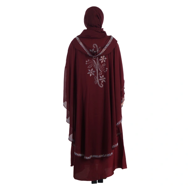 Humeira Abaya 3 Layer M S Stone Work Heavy Abaya for Bridal in Al Nida Fabric with Self atteched & Extra Dupatta - 54, Maroon, 300 gms