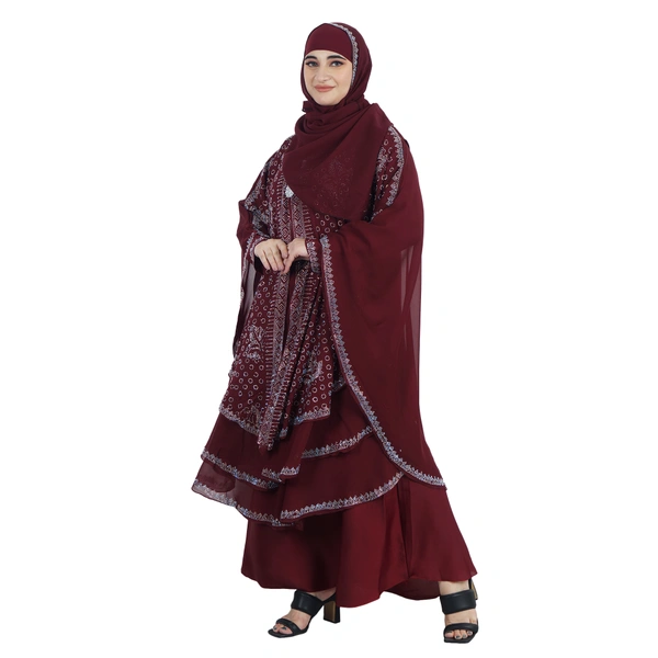 Humeira Abaya 3 Layer M S Stone Work Heavy Abaya for Bridal in Al Nida Fabric with Self atteched & Extra Dupatta - 54, Maroon, 300 gms