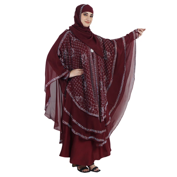 Humeira Abaya 3 Layer M S Stone Work Heavy Abaya for Bridal in Al Nida Fabric with Self atteched & Extra Dupatta - 54, Maroon, 300 gms