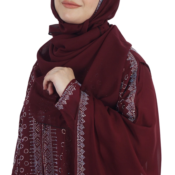 Humeira Abaya 3 Layer M S Stone Work Heavy Abaya for Bridal in Al Nida Fabric with Self atteched & Extra Dupatta - 54, Maroon, 300 gms