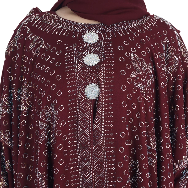 Humeira Abaya 3 Layer M S Stone Work Heavy Abaya for Bridal in Al Nida Fabric with Self atteched & Extra Dupatta - 54, Maroon, 300 gms