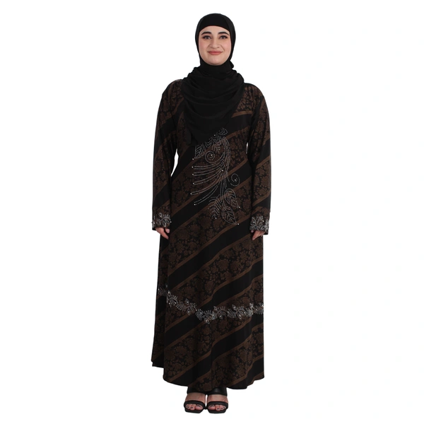 Humeira Abaya Dubai Style Cross Print Stone Work Burkha With Golden Print in Crystal Fabric - 54, Black, 300 gms
