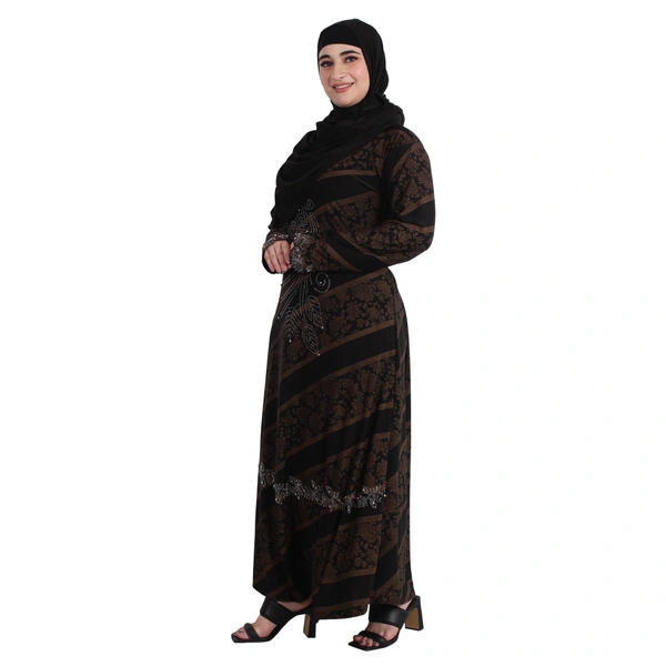 Humeira Abaya Dubai Style Cross Print Stone Work Burkha With Golden Print in Crystal Fabric - 54, Black, 300 gms