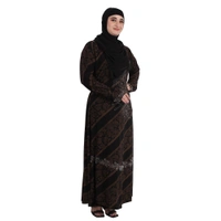 Humeira Abaya Dubai Style Cross Print Stone Work Burkha With Golden Print in Crystal Fabric - 54, Black, 300 gms