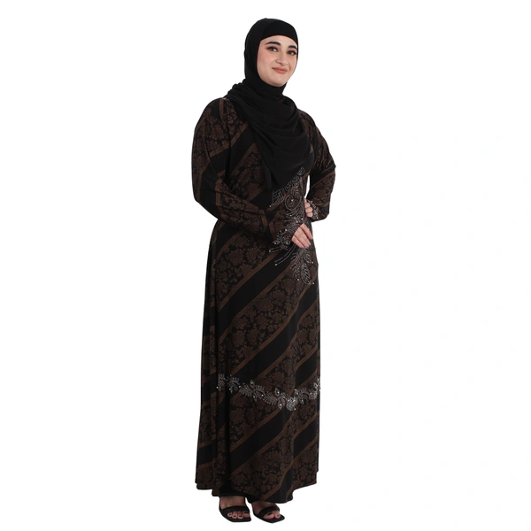 Humeira Abaya Dubai Style Cross Print Stone Work Burkha With Golden Print in Crystal Fabric - 54, Black, 300 gms
