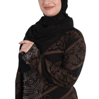 Humeira Abaya Dubai Style Cross Print Stone Work Burkha With Golden Print in Crystal Fabric - 54, Black, 300 gms