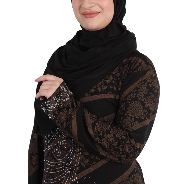 Humeira Abaya Dubai Style Cross Print Stone Work Burkha With Golden Print in Crystal Fabric - 54, Black, 300 gms