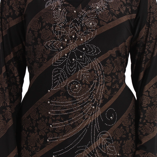 Humeira Abaya Dubai Style Cross Print Stone Work Burkha With Golden Print in Crystal Fabric - 54, Black, 300 gms