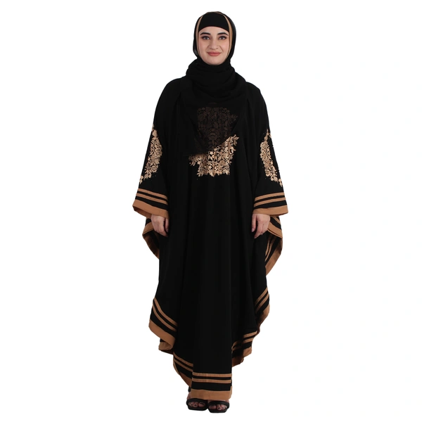 Humeira Abaya Dubai Style Side Patti Embroidery Irani Abaya in Al Nida Fabric - 54, Black, 300 gms