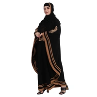 Humeira Abaya Dubai Style Side Patti Embroidery Irani Abaya in Al Nida Fabric - 54, Black, 300 gms