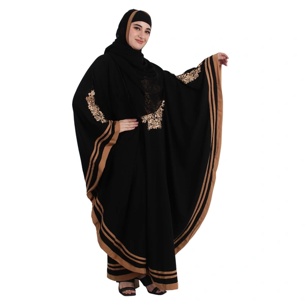 Humeira Abaya Dubai Style Side Patti Embroidery Irani Abaya in Al Nida Fabric - 54, Black, 300 gms