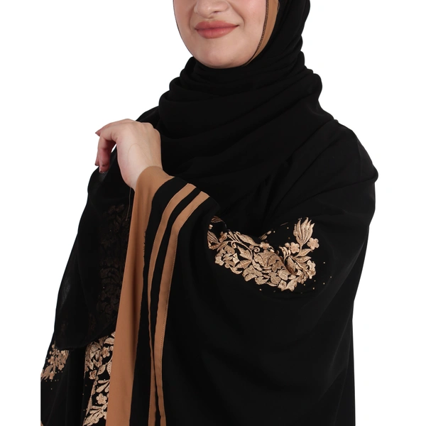 Humeira Abaya Dubai Style Side Patti Embroidery Irani Abaya in Al Nida Fabric - 54, Black, 300 gms