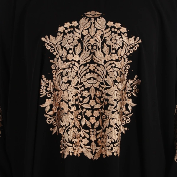 Humeira Abaya Dubai Style Side Patti Embroidery Irani Abaya in Al Nida Fabric - 54, Black, 300 gms
